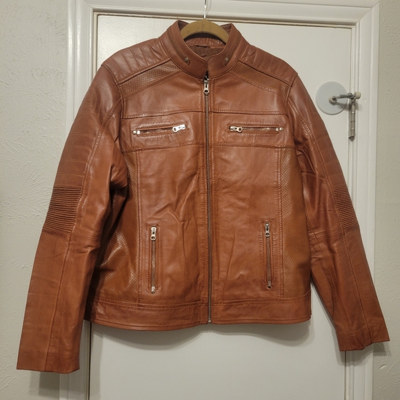 Cognac Brown Leather Motorcycle Jacket - Picture 3 of 5